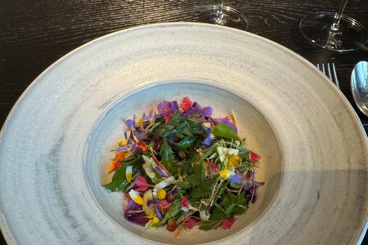Teller mit essbaren Blüten und Kräutern